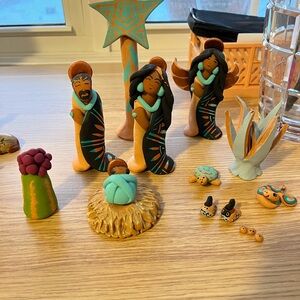 Handcrafted Clay Nativity Set with Brown and Blue Accents